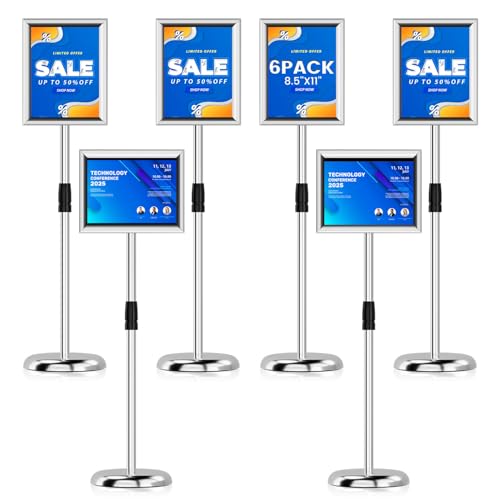 Sign Holder Stand - 8.5 ×11 inch Standing Display Sign Stand, Adjustable Poster Sign Holder Heavy Duty Pedestal Floor Sign Stand, Snap Open Frame for Vertical & Horizontal View, Silver (Silver, 8.5x11 6-Pack) - color: Silver, size: 8.5x11 6-Pack