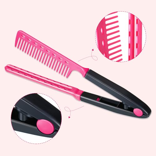 2 Pieces Flat Straightening Comb Salon Hair Brush Comb Hairdressing Styling Straightener V-shaped Straight Straightener(Rose Red, Blue) - color: Rose Red, Blue