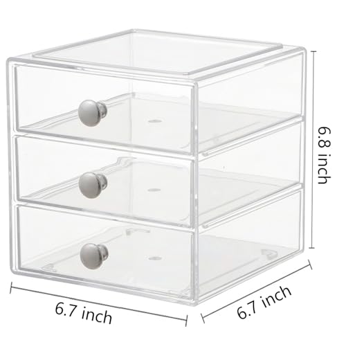 AJIODA Makeup Drawer Organizer Box with 3 Drawers, Acrylic Cosmetic Display Case Vanity Organizer Jewelry Storage Box Stackable Storage for Cosmetics, Skin Care, Bathroom, Countertop, Silver Handle - color: Silver Handle