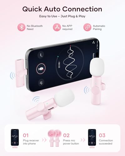 Wireless Microphone for iPhone iPad and Android Phone, 2 Pack Wireless Lavalier Lapel Mic with Noise Reduction, Plug and Play Mini Microphone for Video Recording Interview YouTube TikTok Vlog (Pink) - color: Pink, size: Without Case