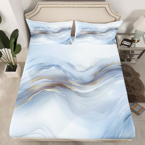 Erosebridal Light Blue Marble Full Bed Sheets for Kids Boys Girls Watercolor Tie Dye Marbling Fitted Sheet,Luxury Fluid Ink Bedding Sets Minimalist Marble Texture Sheets with 2 Pillowcases - color: Pale Blue, size: Full(No Top Sheet)