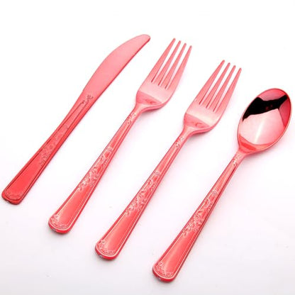 180 Pack Disposable Rose Red Plastic Silverware Contain 60 Forks,60 Spoons,60 Knives, Solid and Durable Plastic Cutlery Utensils Set Perfect for Parties,weddings. - color: Rose