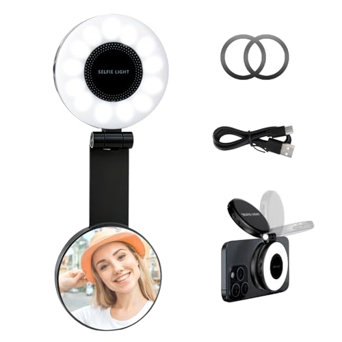Magnetic Selfie Light for iPhone with Mirror Foldable Magnetic Fill Light with Sticky Ring for Android Rechargeable Portable Phone Ring Lights for Selfies, Video, Makeup, Vlog, Tiktok, CRI95