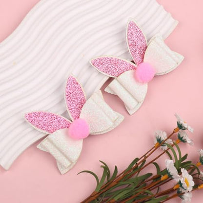 2Pcs Easter Hair Clips Glitter Bunny Ears Bows Hair Barrettes Pink White Rabbit Ears Hair Accessories for Easter Party Supplies
