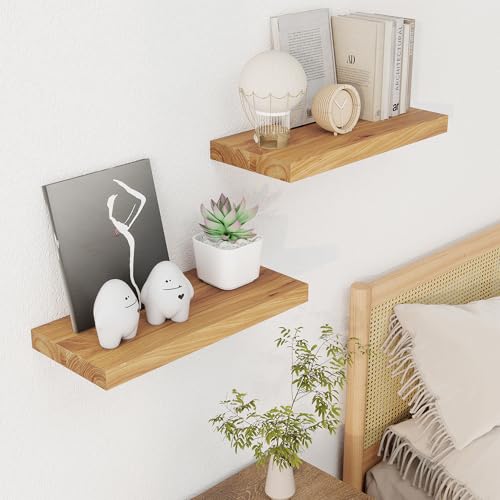 Axeman Floating Shelves for Wall, 18''W x 8'' D Rustic Solid Elm Wood Shelves for Storage, Wall Mounted Display Shelving with Invisible Heavy-Duty Metal Bracket (Natural, 2PCs) - color: Natural Elm With Flat Edge, size: 18 inches - 2P