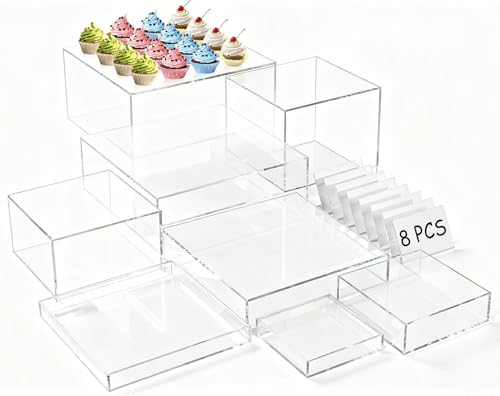 SUNEZLGO 8PCS Buffet Risers, Acrylic Large Food Risers with Mini Signs, Buffet Table Acrylic Cube Display Stands Clear Box Risers for Party Catering Dessert Jewelry Nesting Risers with Hollow Bottom - color: Clear