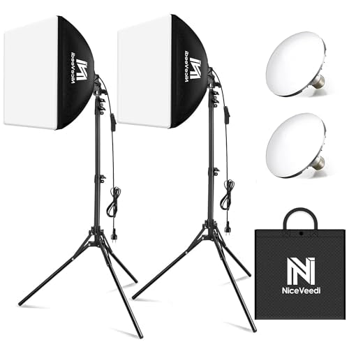 Softbox Lighting Kit, NiceVeedi 2-Pack 16'' x 16'' Softbox Photography Lighting Kit with 63” Tripod Stand & 5400K 450W Equivalent LED Bulb, Continuous Lighting for Photography/Video Record - color: 2-Packs (50W)