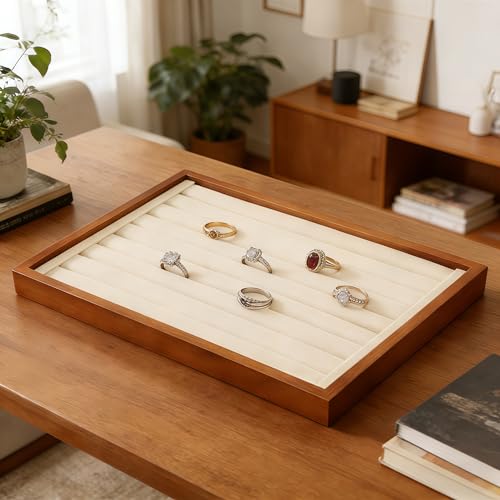 Solid Wood Ring Tray Display Stand Jewelry Drawer Organizer Showcase Ring Display Holder For Home Desk or Shop Store Selling Show (13.78" L x 9.45" W x 1.18" H) Old Lace - color: Old Lace, size: Ring Tray-W 9.45" x H 1.18"x L 13.78"