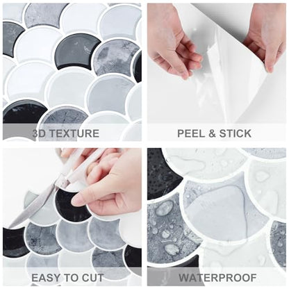 WESTICK 3D Textured Marble Peel and Stick Backsplash Heat Resistant Kitchen Backsplash Tiles Waterproof Shell Peel and Stick Wall Tiles for Bathroom Sink Camper Grey White Black 10 Sheet 12" x 12" - color: 10.black Grey