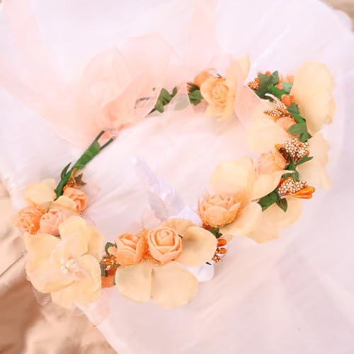Adjustable Flower Crown Headband for Women - Floral Garland Hair Wreath with Crystal Accents Perfect for Weddings Flower Wands Photo Props (Pink Flower Green, Adjustable) - color: Pink Flower Green