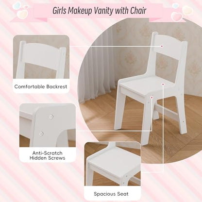 Girls Vanity Table and Chair Set, Kids Vanity with Jewelry Organizer for Princess, Toddler Makeup Vanity Desk with Open Shelf, Closed Cabinet and Butterfly Pattern, White - color: White