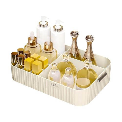 DASITON Large Capacity Makeup Organizer,12 Slots Makeup Brush Holder,Makeup Storage with Handle,Vintage Striped Cosmetic Organizer for Bathroom Countertops,Desk Storage Container(Cream) - color: Cream