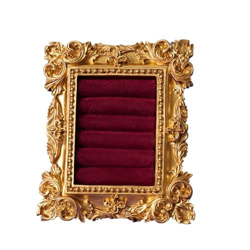 Vintage Gold Ring Holder 3.94x3.54 In,Suede Lined Jewelry Display Stand, Engagement Ring holder Photography Prop, Ornate Ring Holder for Wedding Decor, Bridesmaid & Engagement Gift (wine red) - color: wine red
