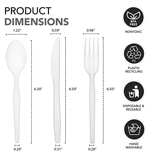 Party Essentials Medium Weight Plastic Cutlery Combo Set, Includes Knives/Forks/Spoons, 300 Pieces/100 Place Settings, White - color: White