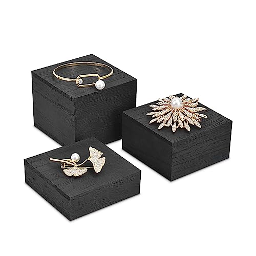 MOOCA Customizable Wooden Display Risers Set - 3 Different Height Stands for Jewelry, Watches, Cosmetics, and Accessory, Black Color - color: Black
