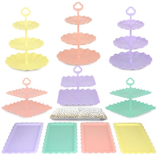 Pack of 11 NWK Cake Stand Set, with 3 x Two-Tier and 3 x Three-Tier Cupcake Stands, 4 x Appetizer Trays, 1 x Tablecloth for Birthday Bridal Baby Shower Party (Colorful) - color: Colorful