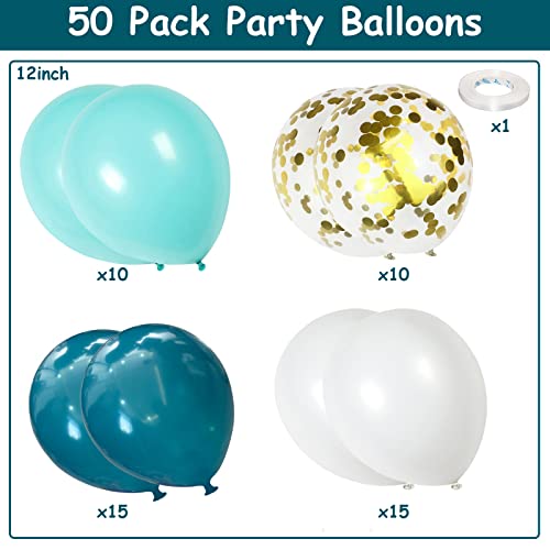 Teal and White Balloons, Turquoise Aqua Blue Party Balloon Gold Confetti Latex Balloons, Pastel Dark Teal Retro Peacock Blue White Helium Balloon for Mermaid Birthday Wedding Decoration - color: Teal White