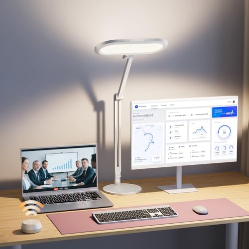 LED Desk Lamp for Home Office – Professional Double-Sided Lighting, Eye-Caring Computer Lamp with Knob Remote, Stepless Dimming & Color, Memory, for Zoom, Studying, Streaming & Video Conference, White - color: White