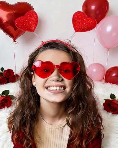 24 Piece Valentine's Day Heart Headbands and Sunglasses Set for Women and Men, Party Photo Props for Wedding, Birthday (Pink, Red) - color: Pink, Red