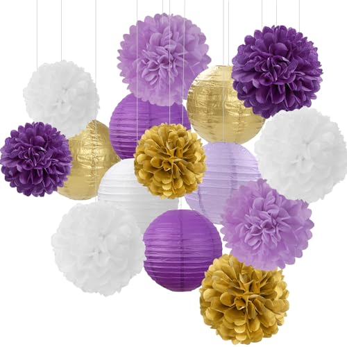 Purple White-Gold Party-Decorations Paper Flowers Lanterns - 15PCS Graduation Lavender Tissue Pom Poms Streamers,Wedding Birthday Bachelorette Baby Shower Classroom Hanging Supplies Decor Hugfond - color: Light Purple Deep Purple White Gold