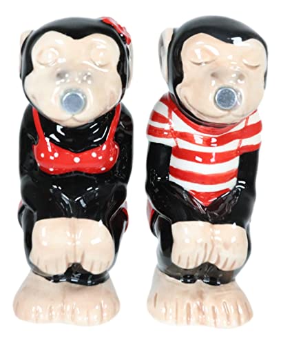 Ebros Gift Circus Carnival Red Jungle Male and Female Monkeys Chimpanzee Apes Couple Ceramic Salt and Pepper Shakers Figurine Set Wildlife Tropical Rainforest Monkey Sculpture