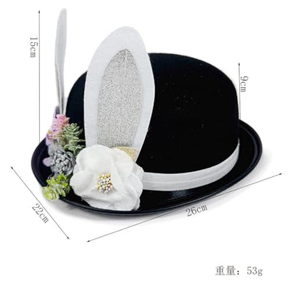 Cute Easter Bunny Ear Top Hat for Adults Rabbit Ears Cosplay Bucket Hat with Artificial Flower Costume Accessory - color: Black