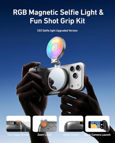 TELESIN Fun Shot Magnetic Phone Camera Grip (B)+ 4 in 1 Magnetic RGB Selfie Light Creator Kit Compatible with iPhone Magsafe & Android, Bundle Kit for Selfies/Photography/TikTok/Zoom Calls/Video - color: Black Grip + RGB Light