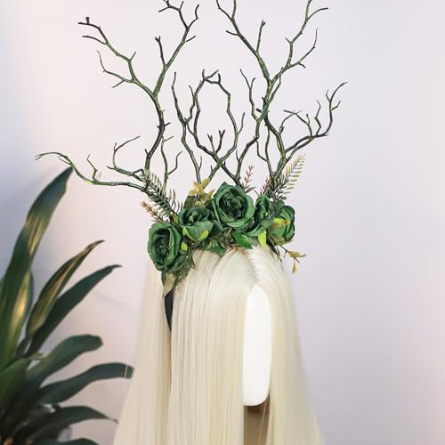 MOSTORY Woodland Deer Antler Headband - Fairy Costume for Woman Branch Crown for Renaissance Halloween Renfaire Cosplay - color: Green