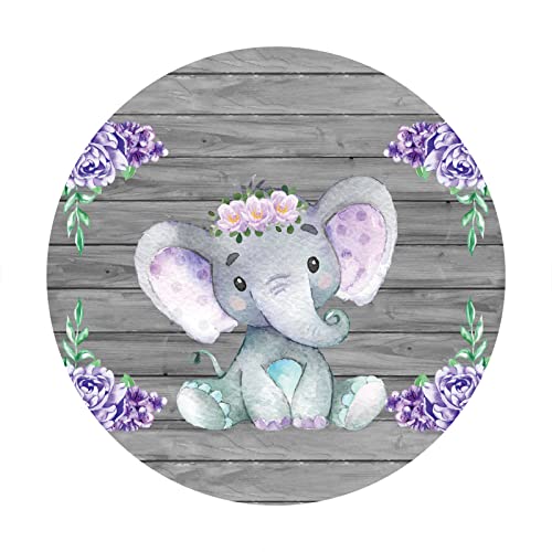 Yeele 5x5ft Cute Purple Elephant Round Backdrop Wooden Texture Wall with Purple Flowers Photography Background Newborn Girls Baby Shower Birthday Party Decors Cake Table Banner Photo Booth Props - size: 5x5ft-Diameter