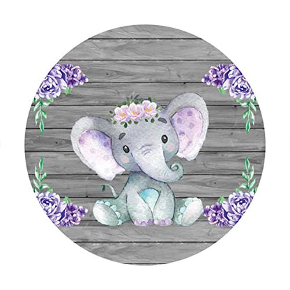 Yeele 7x7ft Cute Purple Elephant Round Backdrop Wooden Texture Wall with Purple Flowers Photography Background Newborn Girls Baby Shower Birthday Party Decors Cake Table Banner Photo Booth Props - size: 7x7ft-Diameter