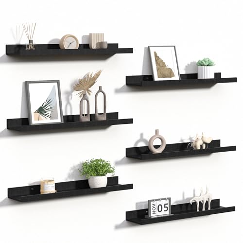 upsimples Floating Shelves for Wall, 23.6 Inch Shelves for Decor Storage Set of 6, Wall Mounted Wood Shelf for Bedroom, Living Room, Bathroom, Kitchen, Long Picture Ledge Shelves, Black - color: Black, size: 23.6in