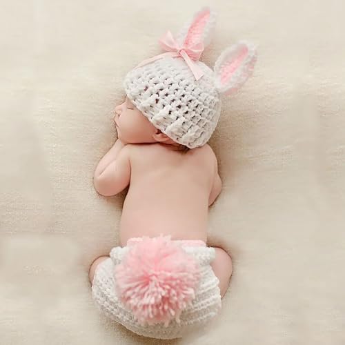 ForBaysy Newborn Photography Props Boy Girl Crochet Bunny Costume Set Baby Photo Shoot Outfits with Rabbit Ear Hat - color: White Bunny Outfits