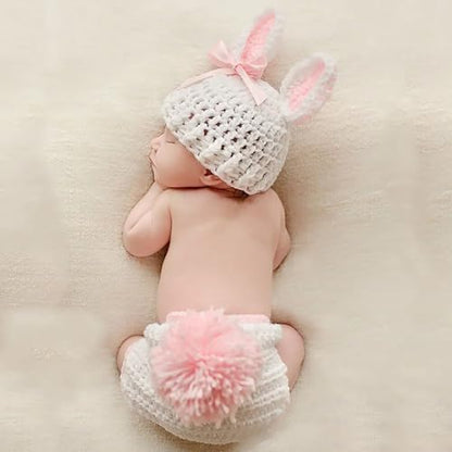 ForBaysy Newborn Photography Props Boy Girl Crochet Bunny Costume Set Baby Photo Shoot Outfits with Rabbit Ear Hat - color: White Bunny Outfits