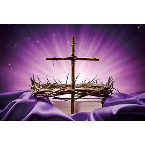 Generic 7*5ft Church Backdrop: Cross Crucifixion Of Jesus, Crown Of Thorns, First Communion, Purple, Vinyl, Easter, Religious Banner, Christian Church Event Party Decoration, Photo Booth Props - color: Purple