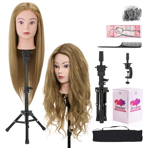 28 Inch Mannequin Head 80% Human Hair with Tripod Stand,Mannequin Cosmetology Manikin Practice Doll Head with stand,Braiding Hairdressing Head for Hair Styling with Table Clamp + DIY Hair Styling Set - color: Blonde#27B