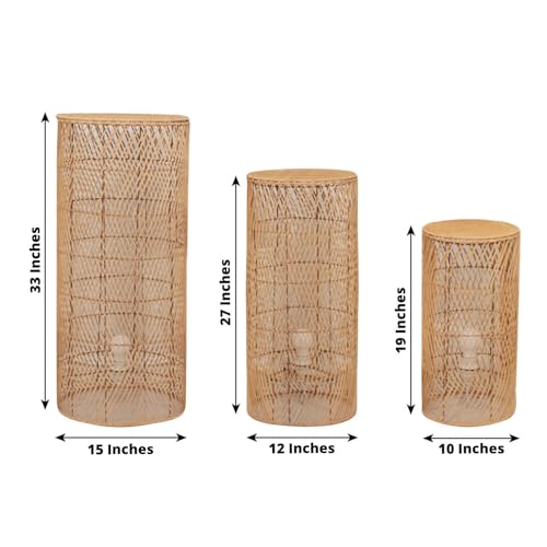 Efavormart Set of 3 Luminous Woven Rattan Pedestal Stands with Plug-in Lights, Wave Patterned Wicker Floor Lamps for Ambient Event Staging and Display - size: Woven Rattan Set