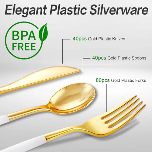 SUT Gold Plastic Silverware, 160Pcs Gold Utensils Set Disposable, 80 Gold Plastic Forks, 40 Gold Knives, 40 Gold Spoons, Gold Plastic Cutlery for Parties, Dinners, Weddings(White Gold) - style: White Gold