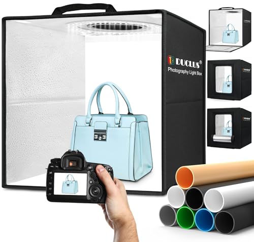 DUCLUS Photo Light Box 16x16 inch, Professional Light Box for Product Photography with Upgraded 18W Dimmable 160 LEDs, USB-C Power, and 8 Backdrops for Jewelry, Food & Small Item Shooting - size: 16 inches