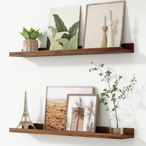 FLYJOE Picture Ledge Shelf, Floating Shelves Set of 2, 32 Inches Nursery Book Shelves for Toys Storage, Kids Bookshelf Wall Mounted for Living Room Bedroom Decor Books Photo Frames, Walnut - color: Walnut, size: 32'', Set of 2