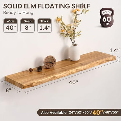 Live Edge Floating Shelf, 40 Inch Rustic Solid Elm Wood - Natural Wood Tone with Invisible Brackets, Wall Mounted for Living Room, Kitchen, Bathroom - color: Clear Natural, size: 40"L, 1-Pack