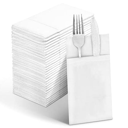 Linen-Feel White Paper Napkins, Cloth Like Dinner Napkins with Built-in Flatware Pocket, Pre-Folded Absorbent Disposable Guest Paper Hand Towels for Bathroom, Weddings Party (50 Pack) - color: white