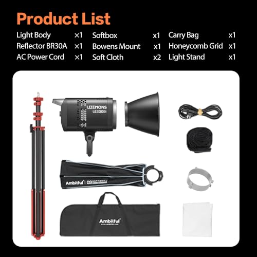 GODOX Light Kit, LE200Bi Continuous Output Lighting, Godox Lighting Kit with Quick Release Softbox, 280cm/ 9.18 FT Stand, 2800K-6500K, CRI 98+, Bluetooth/DMX Control for Studio, Filmmaking - size: Black-1Pcs Kit