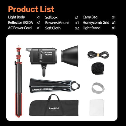 GODOX Light Kit, LE200Bi Continuous Output Lighting, Godox Lighting Kit with Quick Release Softbox, 280cm/ 9.18 FT Stand, 2800K-6500K, CRI 98+, Bluetooth/DMX Control for Studio, Filmmaking - size: Black-1Pcs Kit