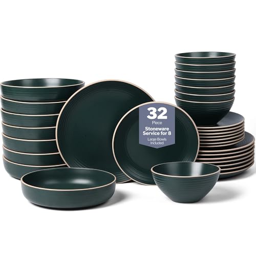 Stone Lain Lauren Modern Stoneware 32-piece Round Dinnerware Set, Plates and Bowls Set, Dish set for 8, Dark Green - color: Dark Green, size: 32-Piece Service for 8
