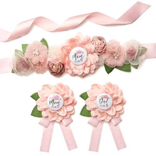 Baby Shower Sash Decorations Mom to Be Corsage Gift Dad to Be Pin 3Pack Set Flower Belt for Maternity Dress - Gender Reveal Pregnancy Photo Props - color: Pearls & leaves & flowers