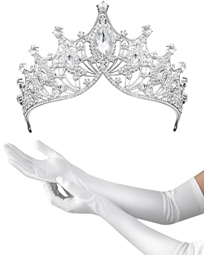 Princess Tiara Crown with Satin Gloves Set Crystal Headpiece for Graduation Prom and Party Photo Props - color: Silver, style: B