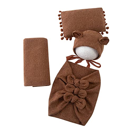 Newborn Baby Boy Girl Photography Props Bow Wrap, Posing Aid, Hat and Blanket Set of 4 Pcs - color: Dark Coffee