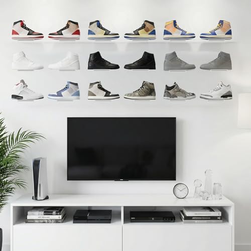 12 Pieces Floating Shoe Racks, 9 X 3 Inch Clear Acrylic Floating Shoe Display Shelves with Screws and Anchors, for Wall, Great for Bedroom, Gaming Room, Sneaker Collection