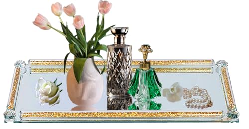 Glass Perfume Tray, 13.8" x 5.9" Golden Crystal Mirror Perfume Tray for Vanity Jewelry Trinket Cosmetic Makeup Display Serving Trays for Dresser Crushed Diamond Home Decor Countertop Organizer - color: Golden