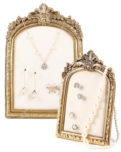 Wonderjune 2 Pcs Gold Jewelry Display Stand Vintage Necklace Organizer Ring Holder Earring Tray Resin Jewelry Photography Props Frame with Velvet Backing for Gifts(White,Large,Small,Elegant) - color: White, size: Large,Small, style: Elegant